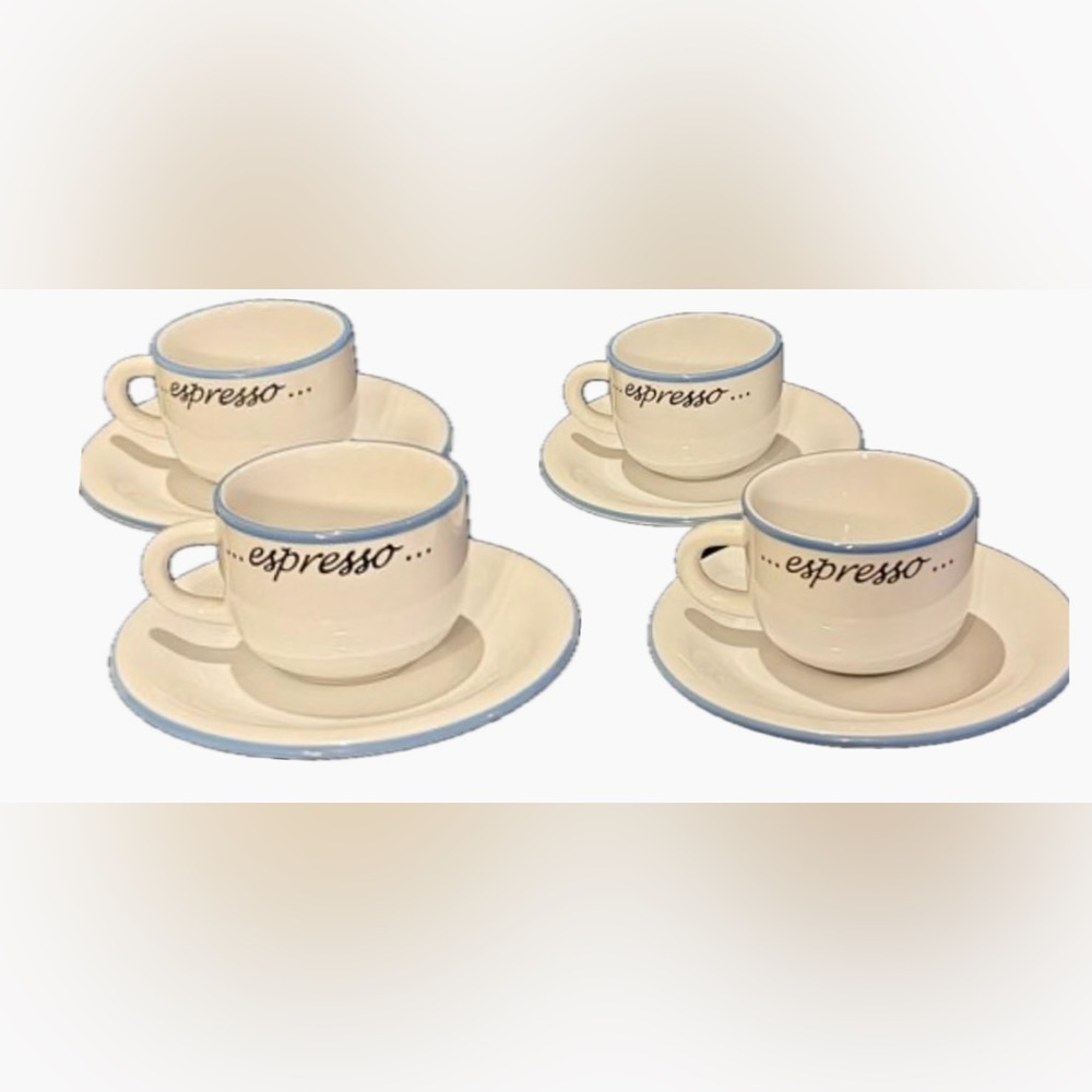 Rayware England Cafe Style Espresso Text Cup & Saucer Set of 4 Blue & White HTF
